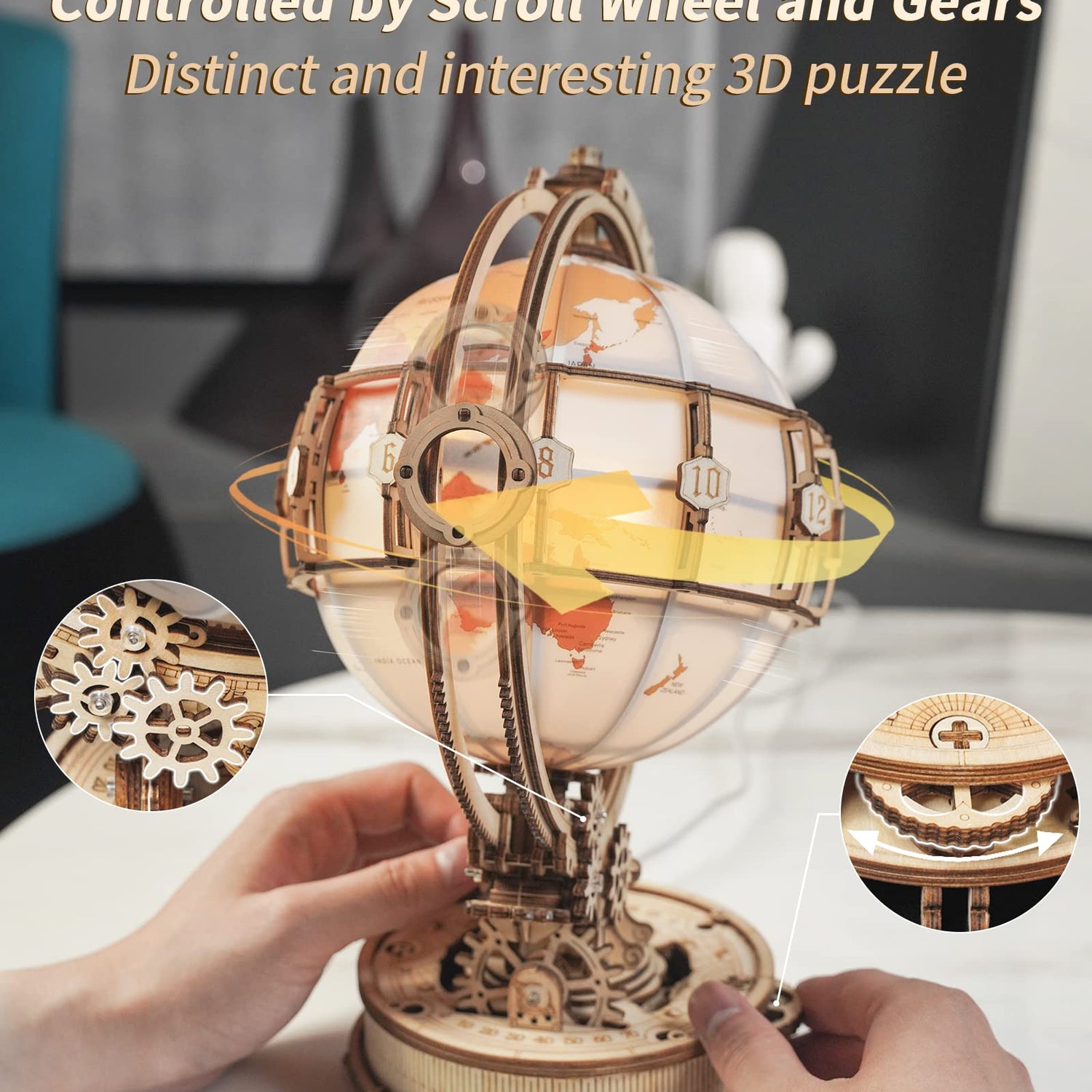 ROKR LED Illuminated 3D Wooden Globe Puzzle - Model Building Kit for Adults and Teens ROKR