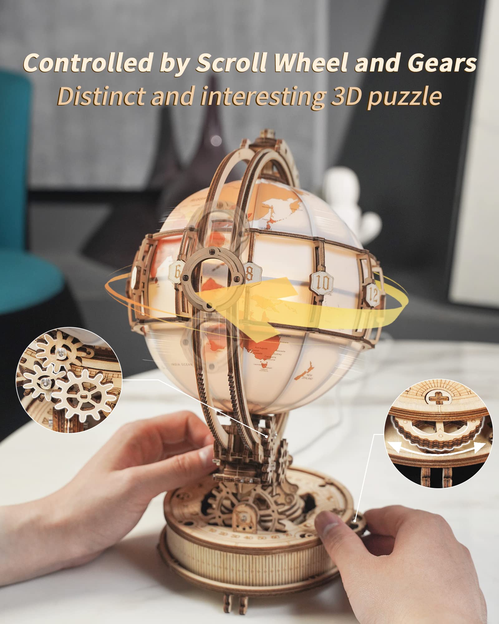 ROKR LED Illuminated 3D Wooden Globe Puzzle - Model Building Kit for Adults and Teens - WoodArtSupply