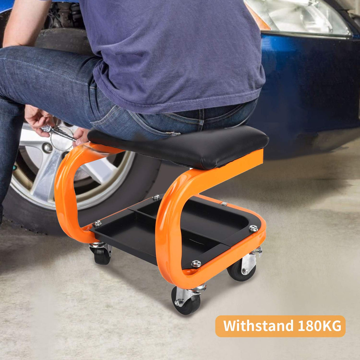 awagas Heavy Duty Rolling Creeper Garage Shop Seat Rolling Garage Stool Big Padded Mechanic Seat Mechanics Stool with Segmented Tool Tray Storage and awagas