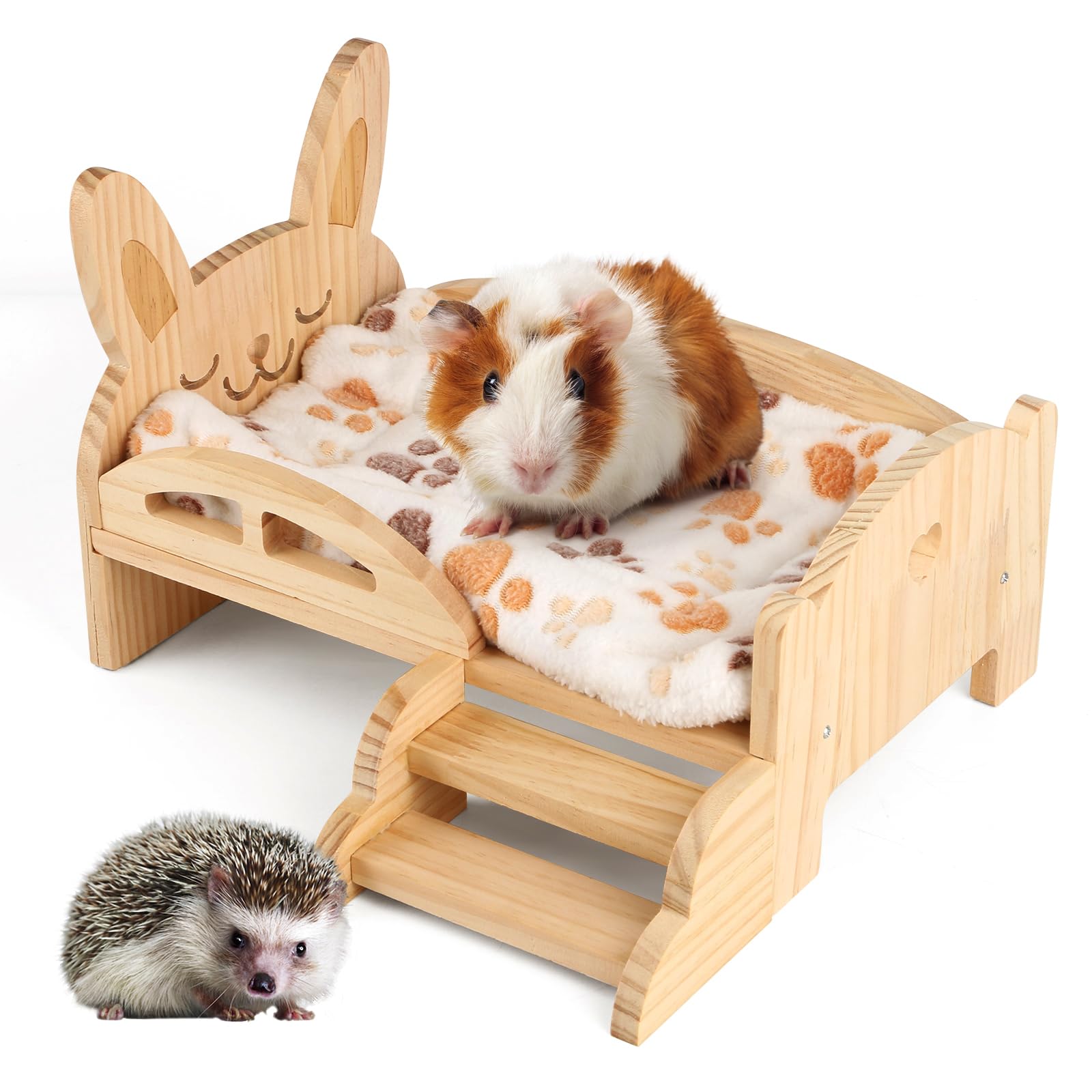 HOSUKKO Wooden Guinea Pig Bed with Mat 13.5IN X 9.3IN Guinea Pig Bunny Detachable Hideout with Stairs Small Animal Cute Warm Habitats for Hamsters - WoodArtSupply