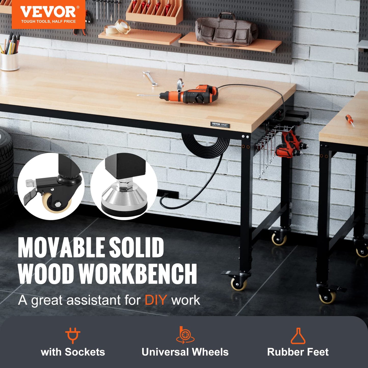 VEVOR Workbench for Garage 72" Adjustable Workbench, Heavy-Duty Hardwood Worktable with Universal Wheels, 3000 LBS Load Capacity, with Power Outlets,