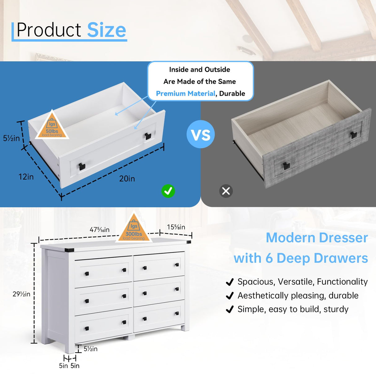 HUANLEGO White Dresser for Bedroom with 6 Drawers, Modern Chest of Drawers, Wood Rustic Wide Storage Drawers Dressers Organizer for Closet, Living HUANLEGO