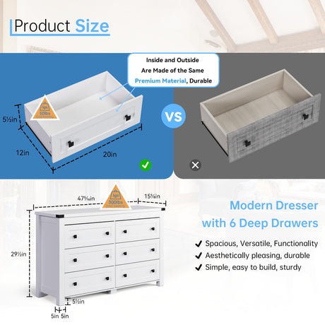 HUANLEGO White Dresser for Bedroom with 6 Drawers, Modern Chest of Drawers, Wood Rustic Wide Storage Drawers Dressers Organizer for Closet, Living HUANLEGO