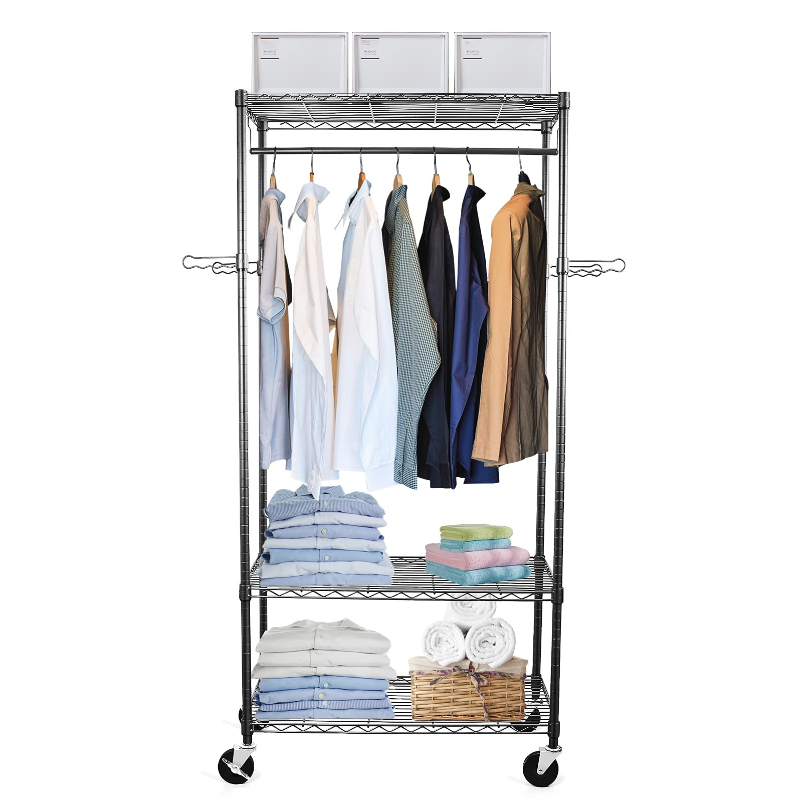 WDT Rolling Garment Rack with Wheels, Large Heavy Duty Clothing Rack with 3 Tier Shelves, Adjustable Metal Garment Closet Organizer Rack for Hanging - WoodArtSupply