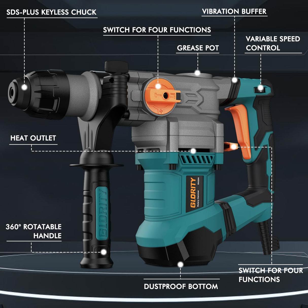 Glority 13 Amp Rotary Hammer Drill with Safety Clutch, Variable Speed, 5 Bits, Chisels GLORITY