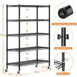 REIBII Wire Shelving Rack with Wheels Storage Shelves with Wheels 73.6" H Metal Shelving Unit Load 1750LBS Adjustable 5 Tier Metal Shelves for REIBII