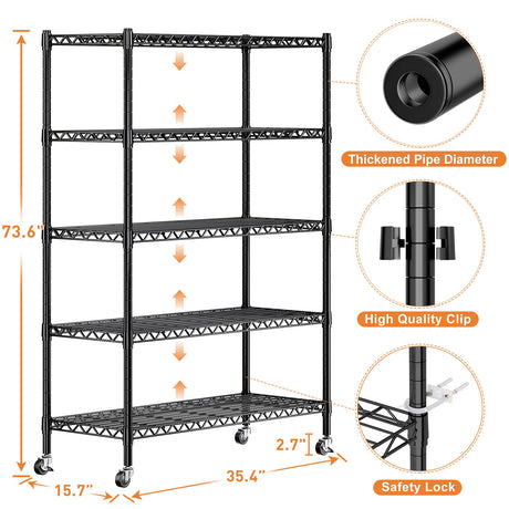 REIBII Wire Shelving Rack with Wheels Storage Shelves with Wheels 73.6" H Metal Shelving Unit Load 1750LBS Adjustable 5 Tier Metal Shelves for REIBII