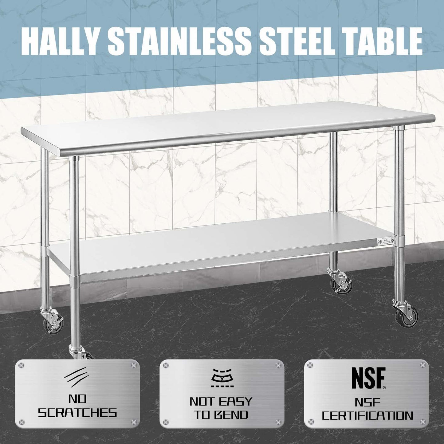 Hally Stainless Steel Table for Prep & Work 24 x 72 Inches with Caster Wheels, NSF Commercial Heavy Duty Table with Undershelf and Galvanized Legs - WoodArtSupply