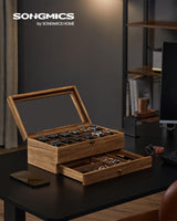 SONGMICS 12-Slot Watch Box, 2-Tier Watch Display Case with Large Glass Lid, Removable Watch Pillows, Velvet Lining, Jewelry Box, Gift Idea, Rustic SONGMICS