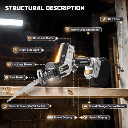 Cordless Reciprocating Saw for DeWalt 20V Max, Brushless Motor Variable Speed, Tool-Free Blade Change, Cerycose Reciprocating saw with LED Light,4 - WoodArtSupply