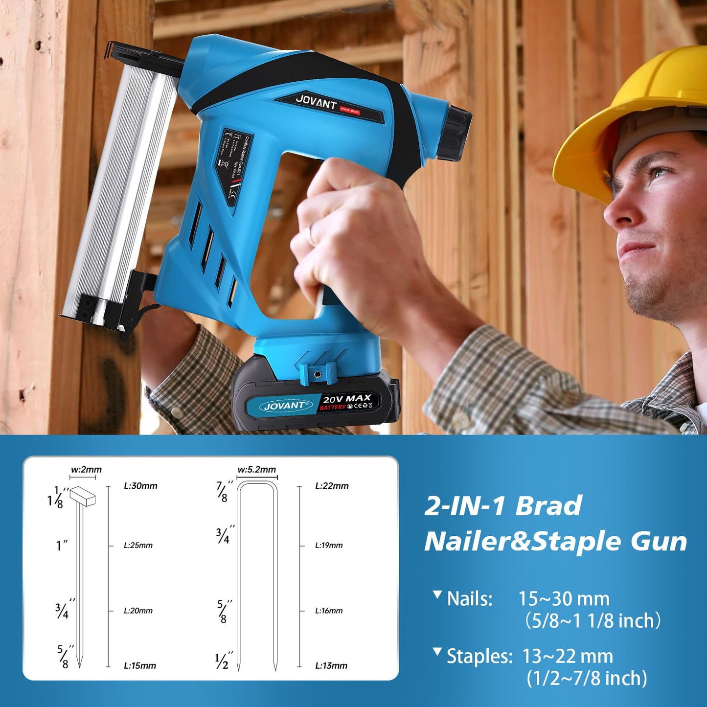 JOVANT Nail Gun Battery Powered, Cordless Nail Gun with 2 * 2.0Ah Li-ion Battery, 20V 2 in 1 Electric Nail Gun with Staple Remover, Cordless Brad - WoodArtSupply