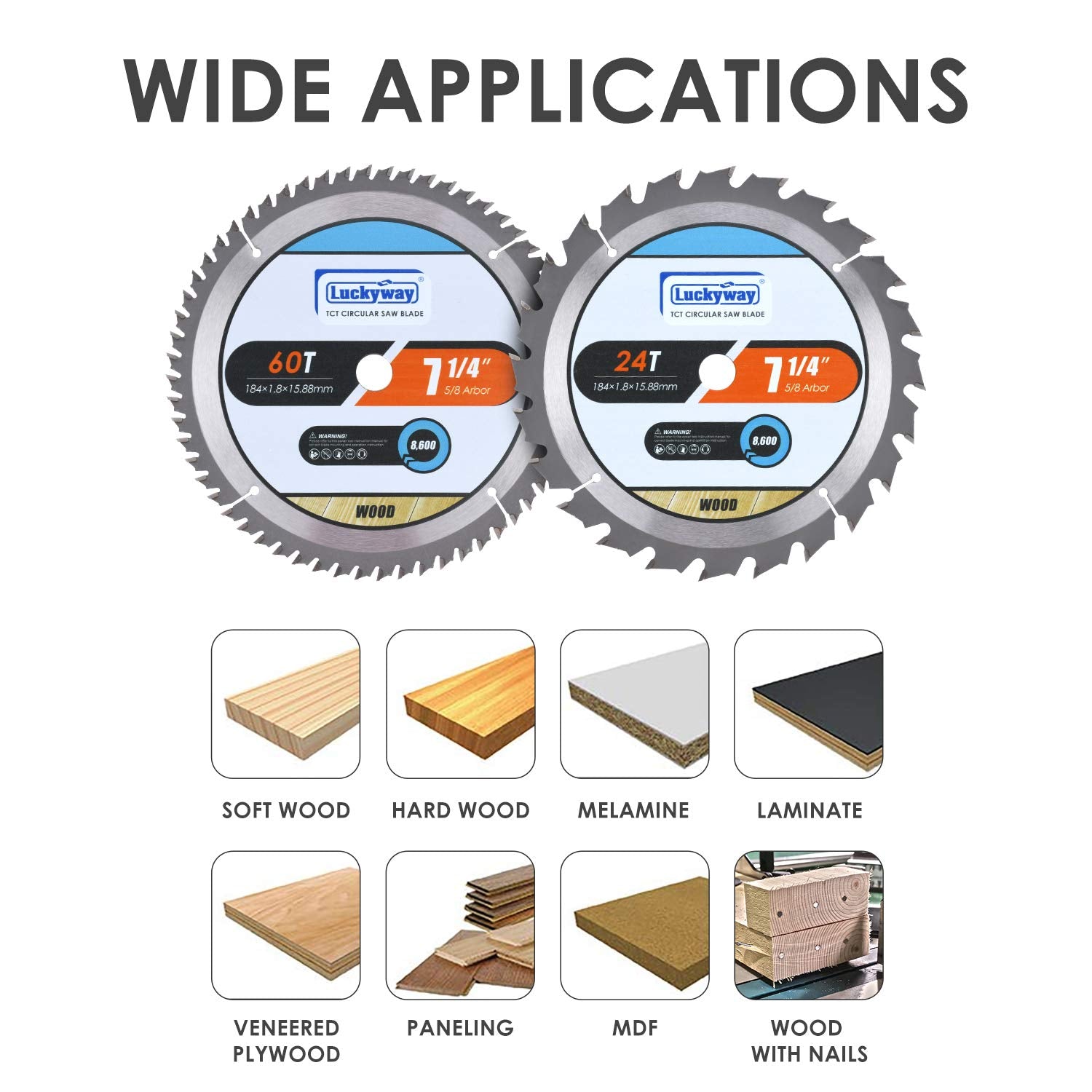 Luckyway 2-Pack 7-1/4 Inch 24T Framing & 60T Finish with 5/8 Inch Arbor TCT Circular Saw Blade for Cutting Wood Luckyway