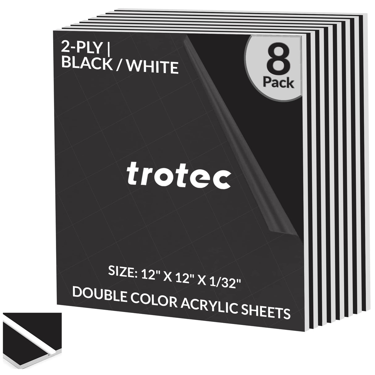 Trotec TroLase | 12"x12"x1/32", 8 Pcs | Black/White | 2 Ply | Modified Acrylic | Laser Engraving Double Color Plastic Sheet | Engraving Blanks for TROTEC