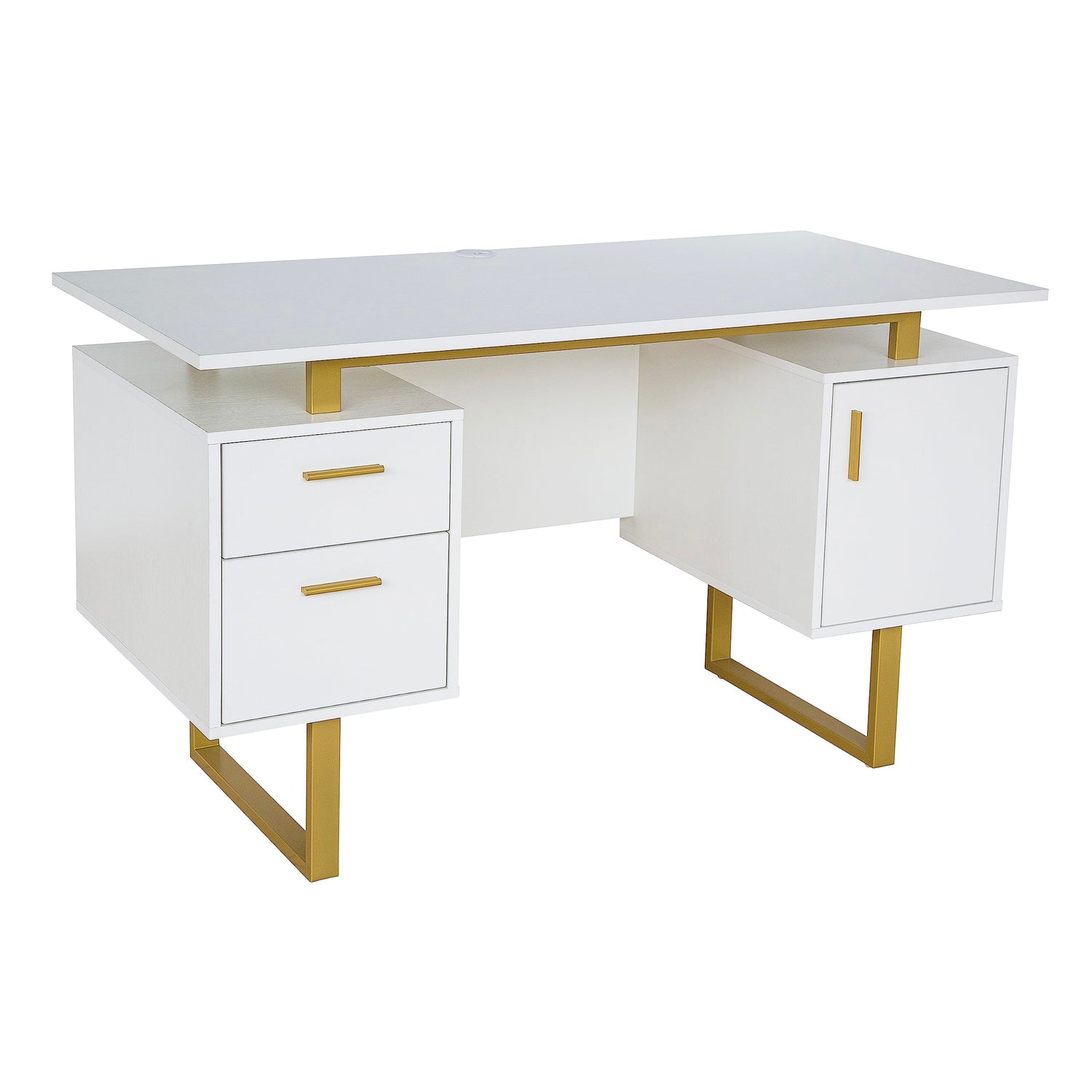 Techni Mobili Storage Drawers and Cabinet 51.25” W-Modern Office Large Floating Desktop Surface Desk, White/Gold Techni Mobili