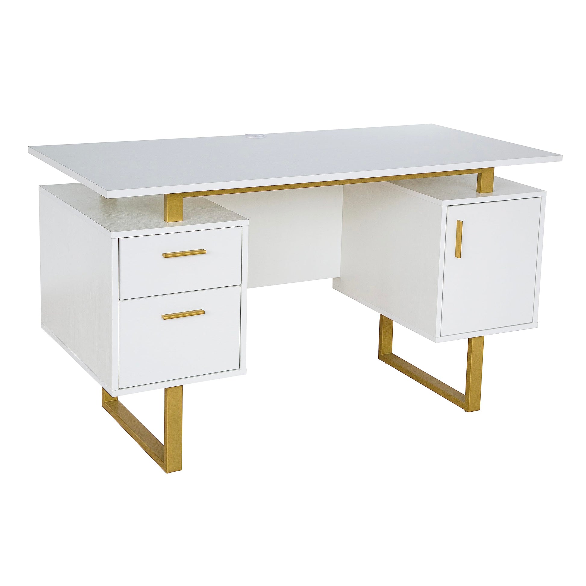 Techni Mobili Storage Drawers and Cabinet 51.25” W-Modern Office Large Floating Desktop Surface Desk, White/Gold - WoodArtSupply