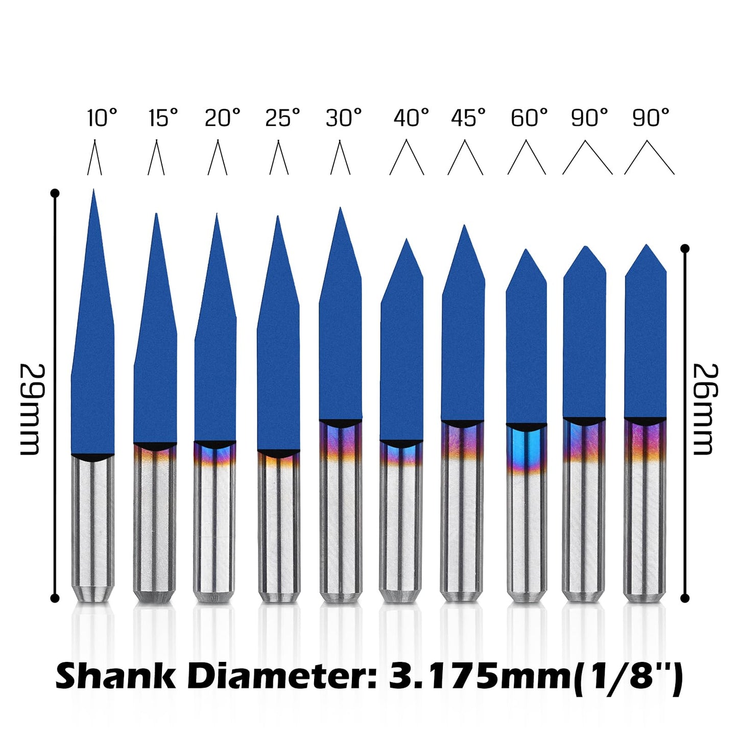 Genmitsu 10 Pcs 1/8'' Shank CNC Router Bits Set, Flat V-bit & Triangular V-bit, 20 /30 /45 /60 /90 Degree 0.1mm Tip, Nano Blue Coat, Engraving Tool - WoodArtSupply