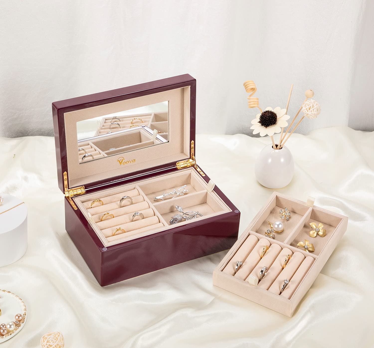 Voova Wooden Jewelry Box Organizer for Women Teen Girls, Luxury Piano Paint Wood Jewelry Case with Mirror, Large Jewellery Storage Boxes Display Voova