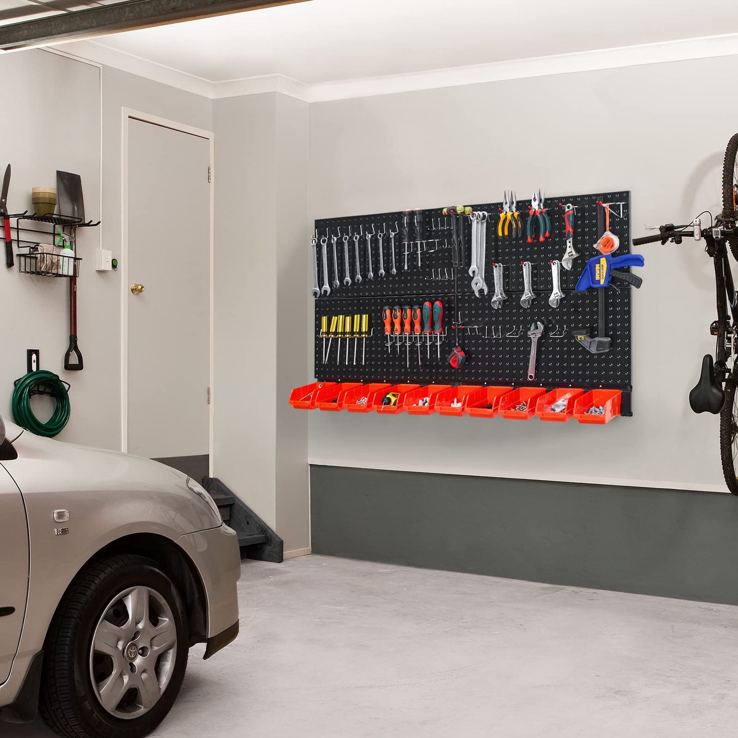 Ultrawall Pegboard Wall Organizer, Black Metal Pegboard Panels, Garage Storage System with Hooks and Storage Bins Ultrawall