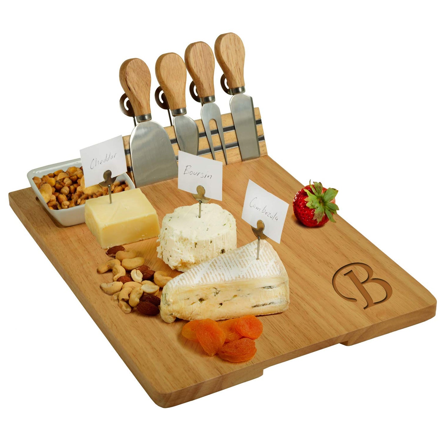 Personalized Monogrammed Laser Engraved Hardwood Board for Cheese & Appetizers - Includes 4 Cheese Knives, Cheese Markers & Ceramic Dish - Designed - WoodArtSupply