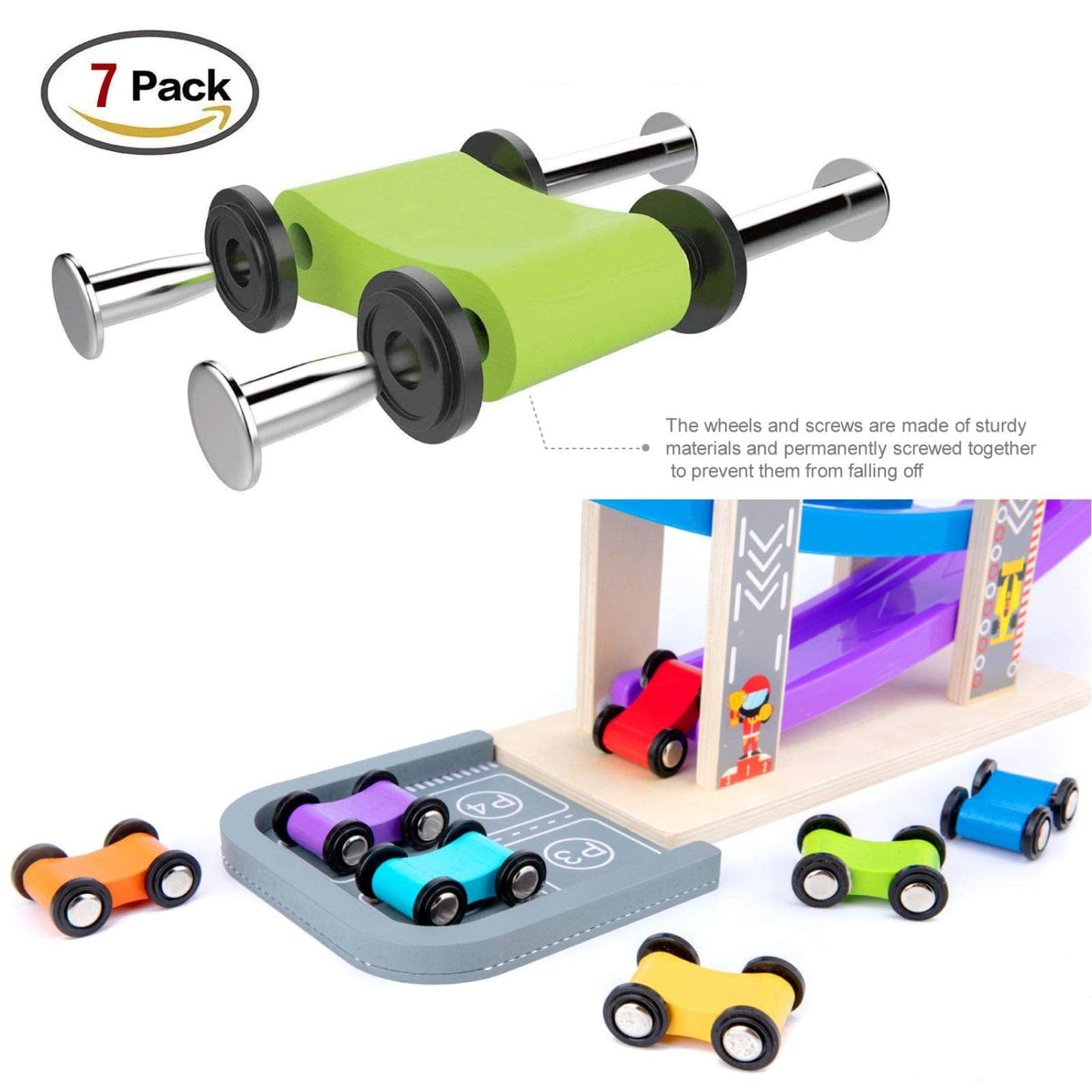 WOOD CITY Toddler Toys for 1 2 3 Years Old, Wooden Car Ramp Racer Toy Vehicle Set with 7 Mini Cars & Race Tracks, Montessori Toys for Toddlers Boys WOOD CITY