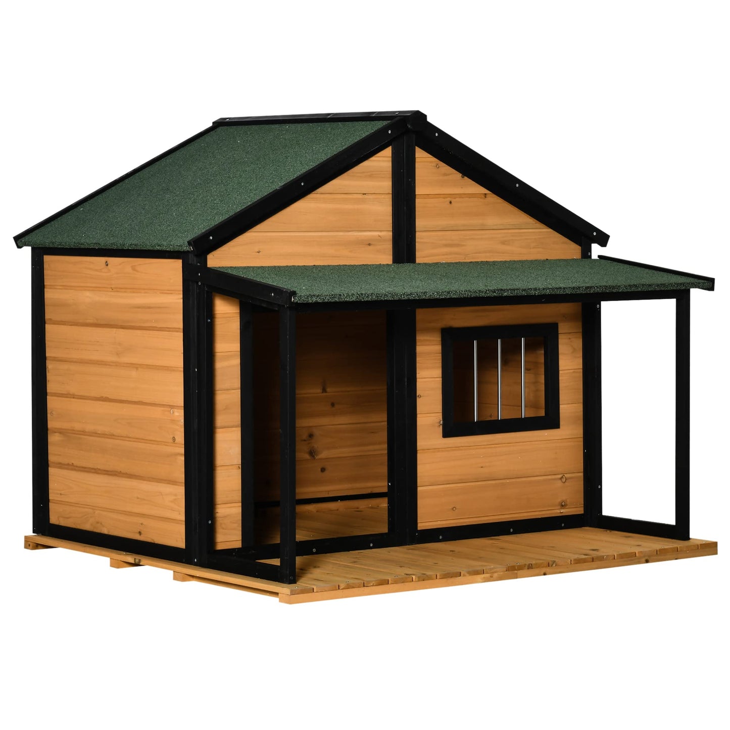 PawHut Outdoor Dog House Cabin Style, Wooden Raised Pet Kennel with Asphalt Roof, Front Door, Side Window, Porch for Medium/Large Dogs, Loading 53