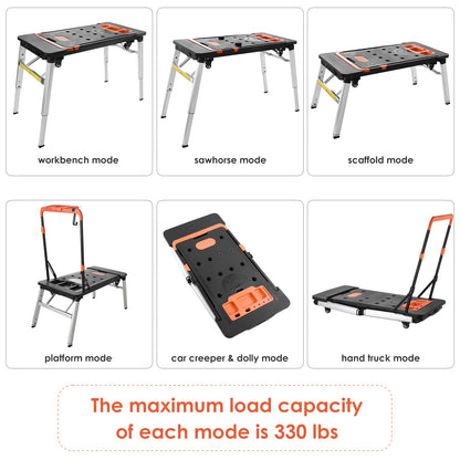 Multifunctional Folding Work Table, 7 in 1 Work Benches for Garage, as Portable Workbench, Sawhorse, Scaffold, Platform, Car Creeper, and Hand Truck,
