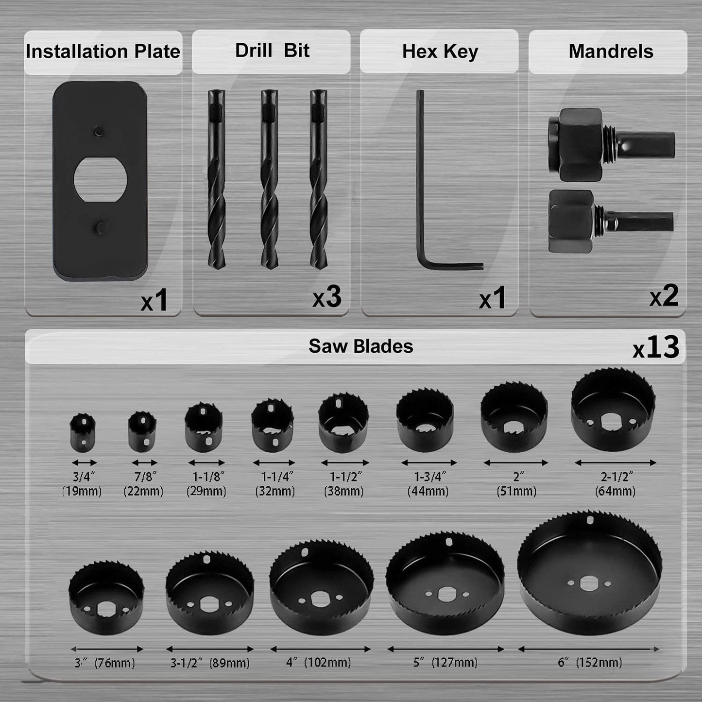 KATA Hole Saw Set 20PCS Hole Saw Kit with 3/4"-6"(19-152mm) 13PCS Saw Blades, 2 Mandrels, 3 Drill Bits, 1 Installation Plate, 1 Hex Key, Ideal for - WoodArtSupply