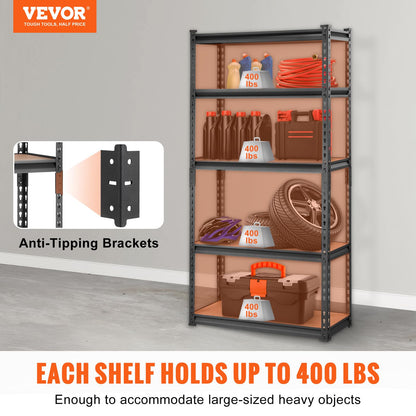 VEVOR Storage Shelving Unit, 5-Tier Adjustable, 2000 lbs Capacity, Heavy Duty Garage Shelves Metal Organizer Utility Rack, Black, 30" L x 12" W x 60"