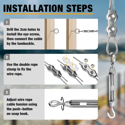 String Light Hanging Kit, CGBOOM 1/8" Stainless Steel Cable Wire, 98ft Coated Wire Rope with Turnbuckles and Hooks for Deck Railing System, Outdoor - WoodArtSupply