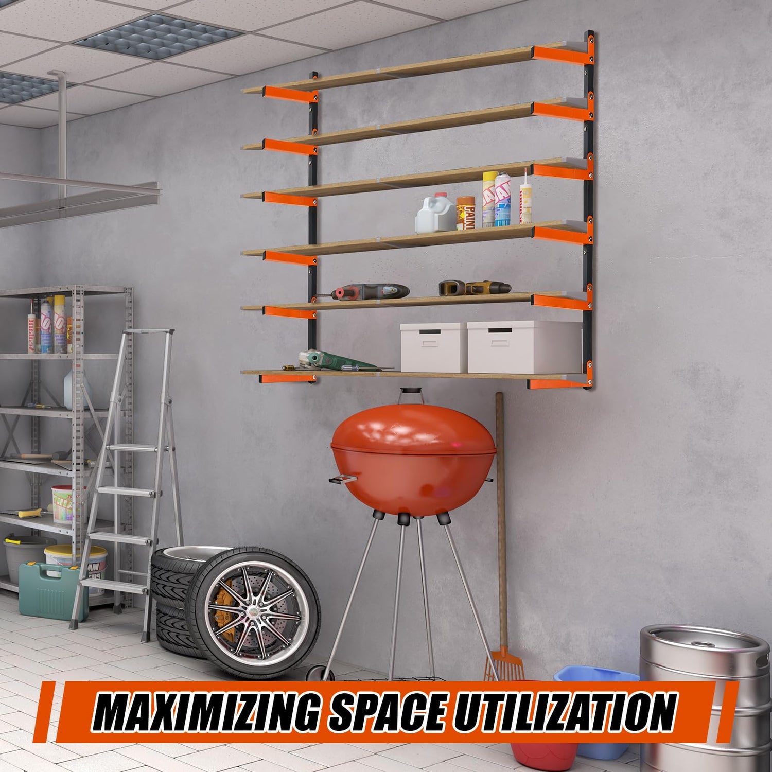 Yaocom 4 Pack Metal Lumber Storage Rack 6 Level Wall Mount Wood Organizer Heavy Duty Wood Rack with Serviceable Sheet Screws, Each Shelf Holds up 150 Yaocom