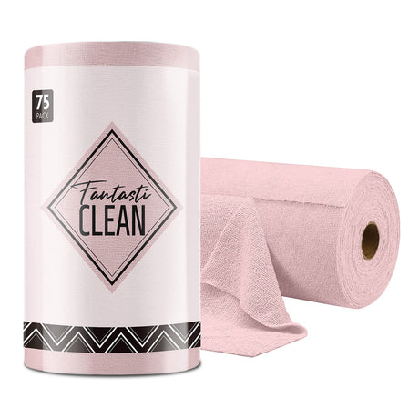 Fantasticlean Microfiber Cleaning Cloth Roll -75 Pack, 12x12", Tear Away Towels, Reusable Washable Rags (Pink) Fantasticlean