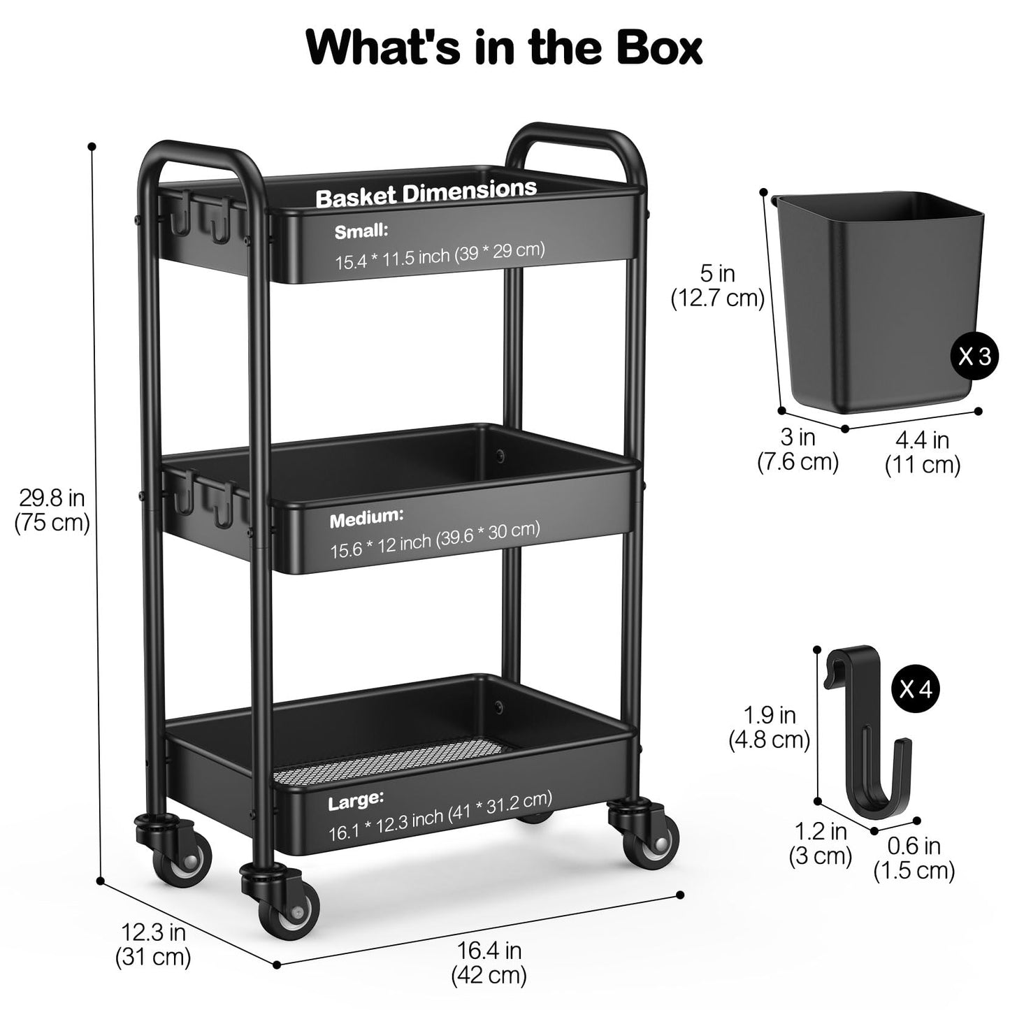 YASONIC 3 Tier Rolling Cart - Metal Utility Cart with 3 Hanging Cups & 4 Hooks, 66LBS Capacity, Mesh Rolling Storage Cart Organizer, Easy Assembly, - WoodArtSupply