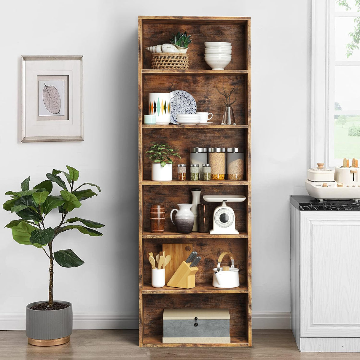 6-Tier Brown Wooden Bookshelf with Cabinet Doors - Multi-Functional Storage for Home Office and Living Spaces oneinmil