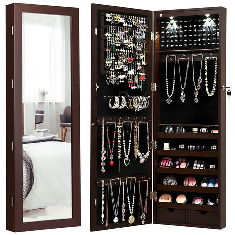 Giantex Jewelry Armoire Wall Door Mounted, Lockable Jewelry Cabinet with 42.5'' Full Length Mirror, 2 LEDs Jewelry Organizer Box with 2 Drawers, Giantex