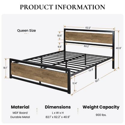 SHA CERLIN Queen Size Metal Platform Bed Frame with Wooden Headboard/Heavy Duty Strong Support/Large Storage/No Box Spring Needed, Brown