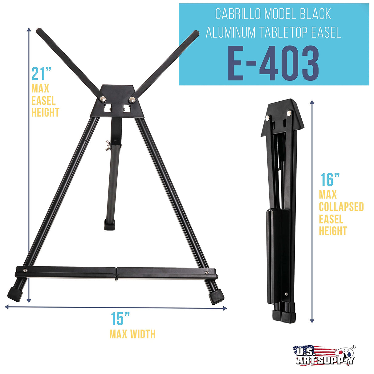 U.S. Art Supply 15" to 21" High Adjustable Black Aluminum Tabletop Display Easel (Pack of 3) - Portable Artist Tripod Stand with Extension Arm Wings, U.S. Art Supply