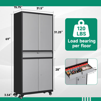 Letaya Metal Garage Storage Cabinet with Wheels,72” Rolling Tool Cabinet with 4 Door Lock-Adjustable Shelves and Drawer for Garage Home Office - WoodArtSupply