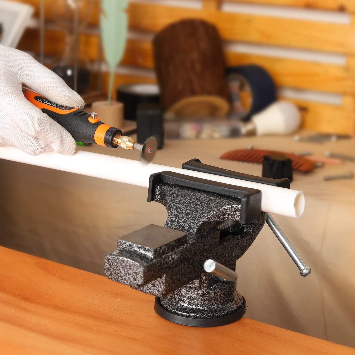 Bench Vise, 𝗚𝗢𝗫𝗔𝗪𝗘𝗘 𝗠𝗶𝗻𝗶 𝗕𝗲𝗻𝗰𝗵 𝗖𝗹𝗮𝗺𝗽 for Workbench, 2.9 inch Swivel Table Vise for Small DIY Projects, Handcraft Creations, Woodworking, Sculpting GOXAWEE