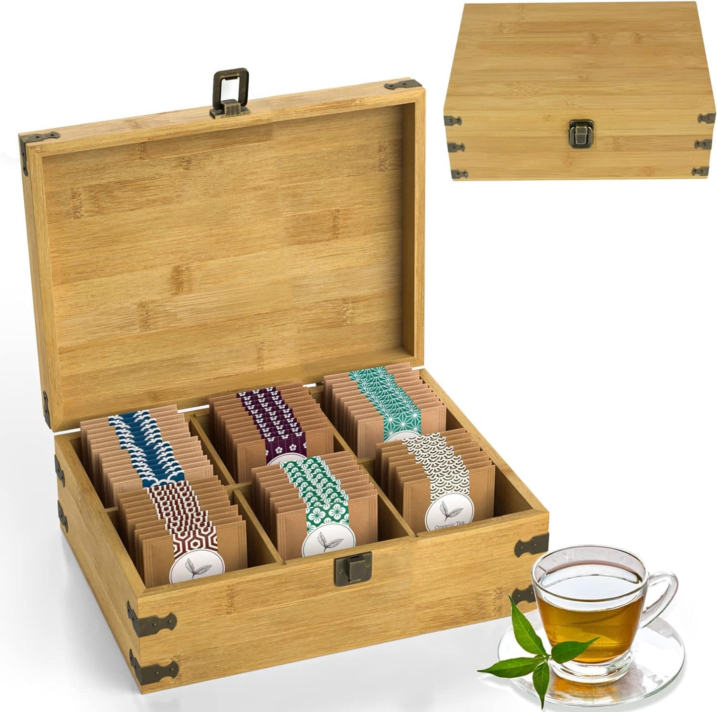 Zen Earth Inspired Bamboo Tea Organizer Box Chemical Free Eco-Friendly Big, Tall, Adjustable Cubbies Natural Wooden Storage Chest (Blank 6-Slot 11" x - WoodArtSupply