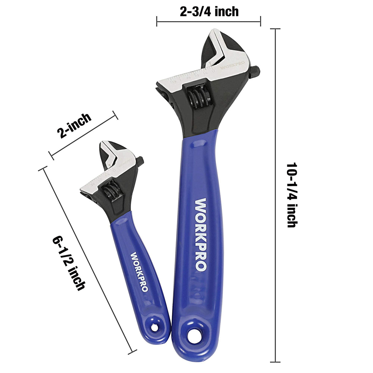 WORKPRO 2-piece Adjustable Wrench Set, 6-Inch & 10-Inch Wrenches, Wide Jaw Black Oxide Wrench, Metric & SAE Scales, Cr-V Steel, for Home, Garage, WORKPRO