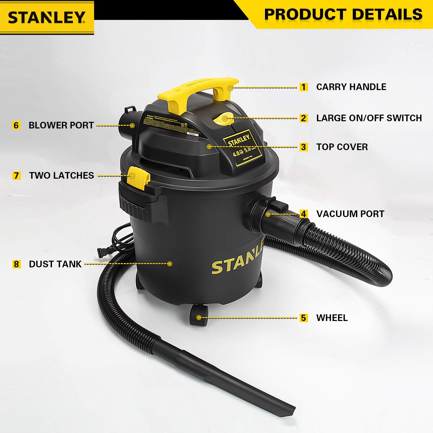 Stanley SL18115P Wet/Dry Vacuum, 5 Gallon, 4 Horsepower, 4.0 HP AC, Black - WoodArtSupply