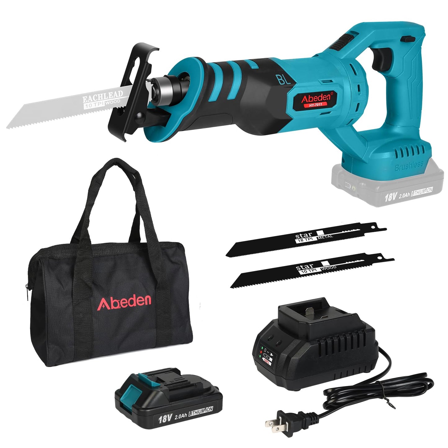 Cordless Reciprocating Saw Kit with 18V 2.0Ah Li-ion Battery and Charger,Electric Battery Powered Saw for Wood/Metal/PVC Pipe Cutting - WoodArtSupply