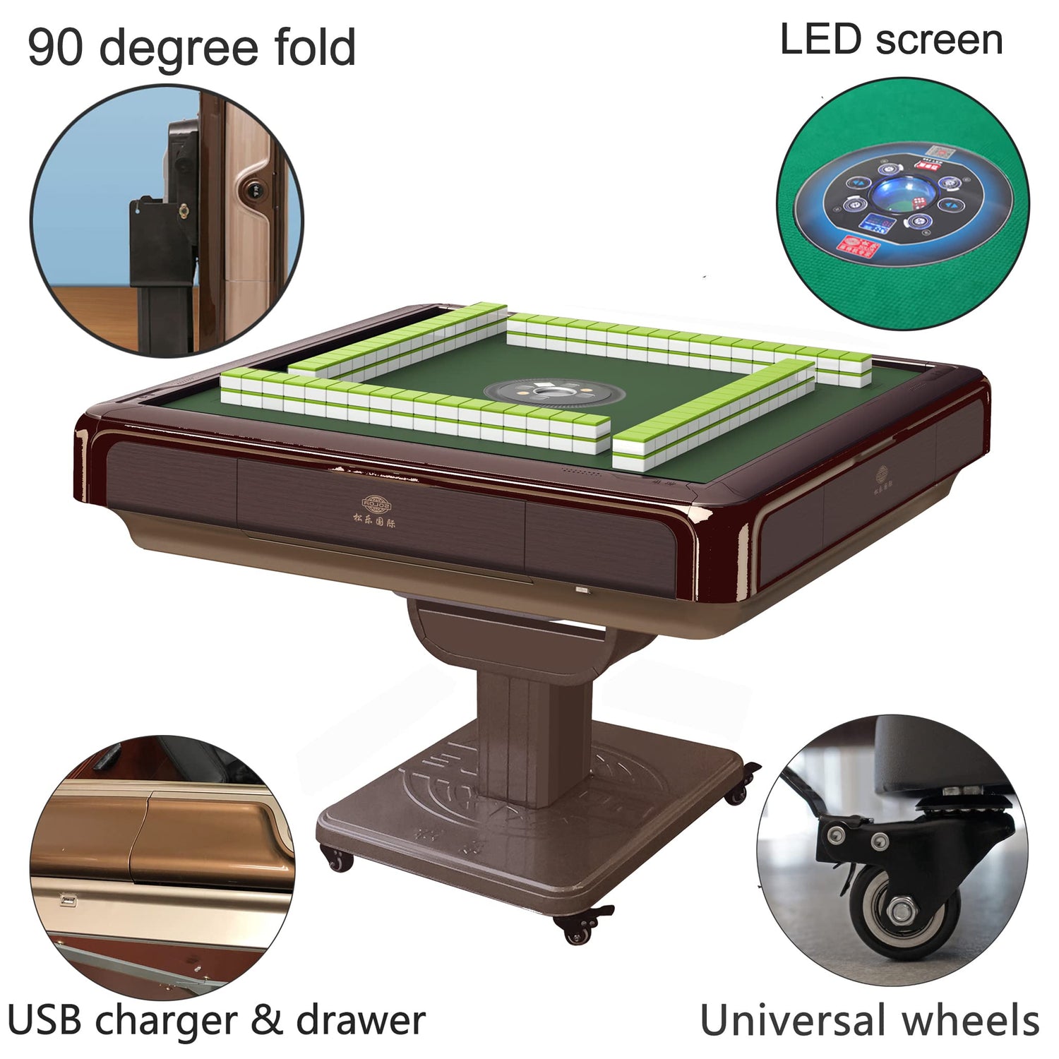 Folding Automatic Mahjong Mah jongg Table 36mm American Mahjong Numbered Tiles Foldable Style with 2 Sets of Tiles + 4 Racks Built-in Hard Table usamjtable