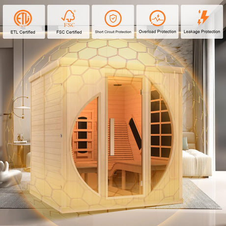 iDOTODO Far Infrared Wooden Sauna Room with Recliner, 2 Person Indoor Infrared Home Sauna, Indoor Saunas for Home 220V， 3400W, 9 Heaters, Hemlock, iDOTODO