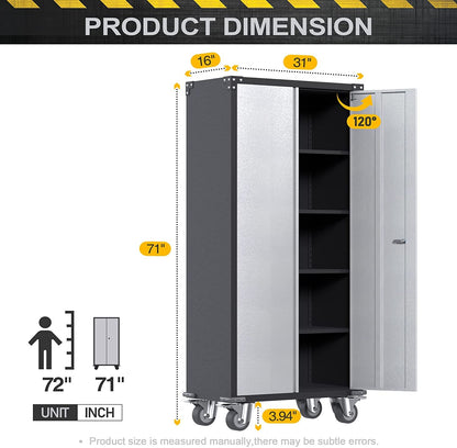 GangMei Rolling Metal Storage Cabinet with Doors and Shelves, 71'' Tall Locking Garage Cabinet with Wheel, Utility Cabinet for Garage, Office, Home, - WoodArtSupply