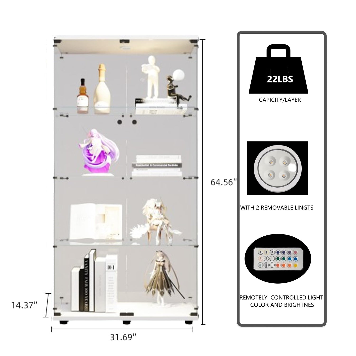 Zipzop 64.5'' Lighted Glass Display Cabinet with Lock and Remote Control - Modern Curio Showcase Zipzop