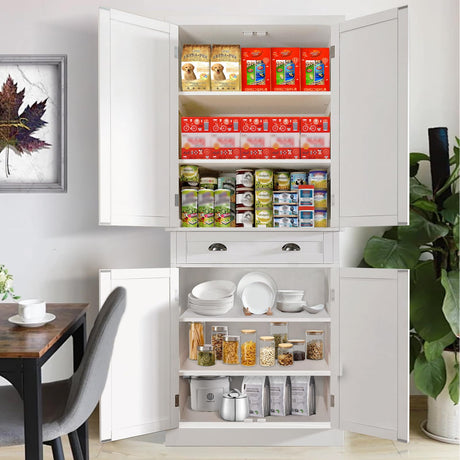 GOAWGO 72" White Freestanding Kitchen Pantry Cabinet with Adjustable Shelves and Drawer GOAWGO