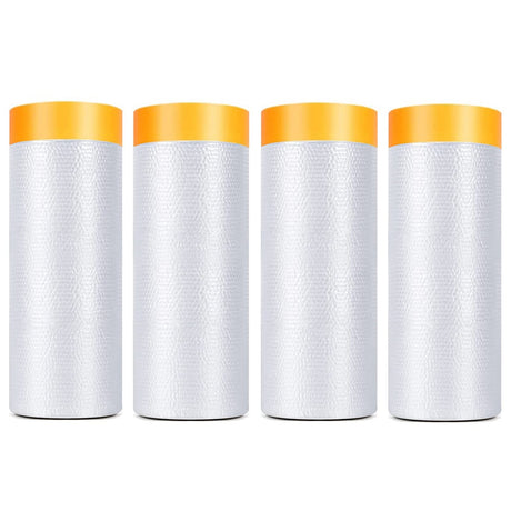 Painters Plastic With Tape, Pre-Taped Masking Film, 4 Rolls Automotive Best Tape and Drape, Paint Adhesive Protective Film Roll for Covering YOUMEIYUAN