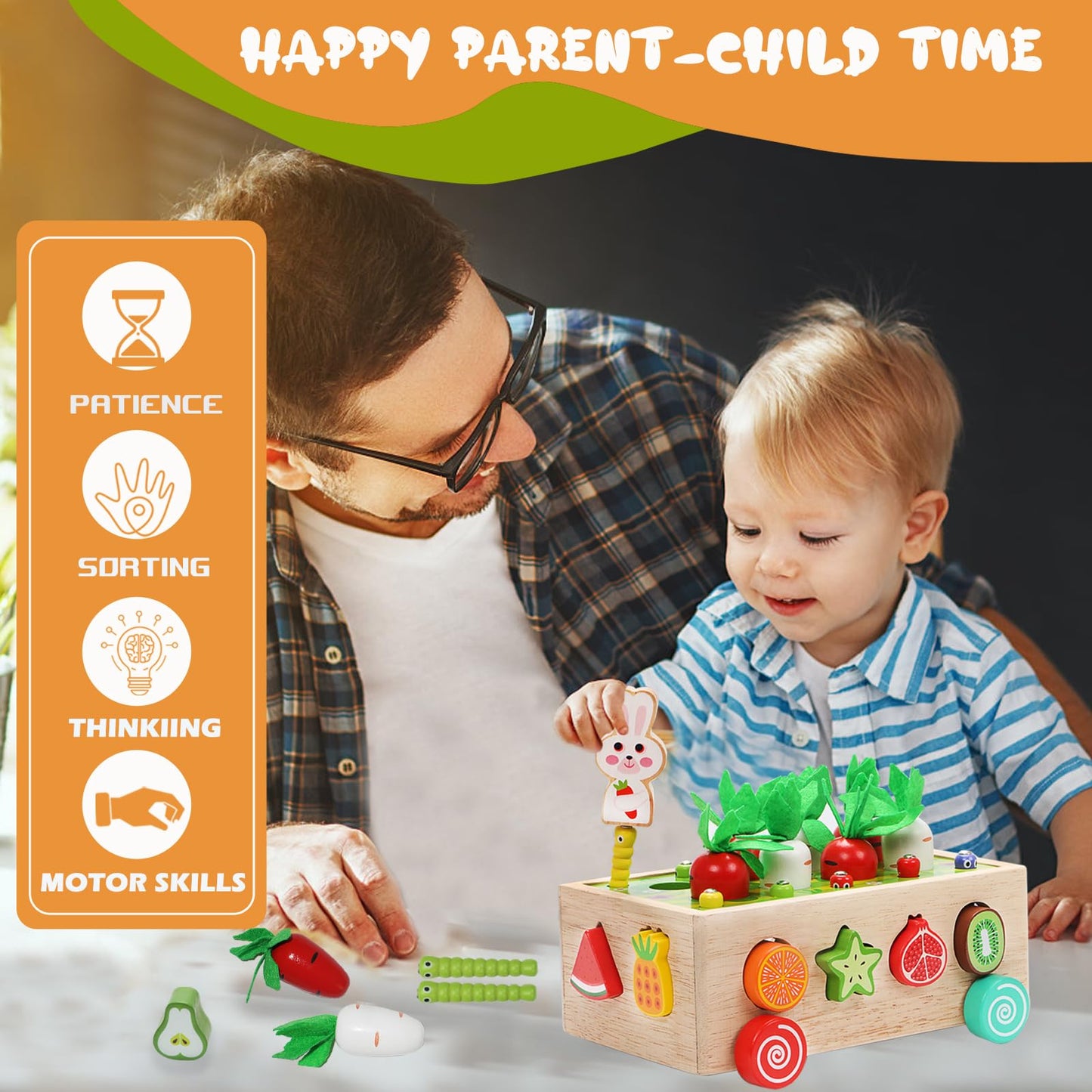 Montessori Wooden Educational Toys for 1 2 3 4 Year Old Baby Boys Girls, Wood Carrot Harvest Orchard Car Shape Sorting Toys 1st Birthday Gifts for