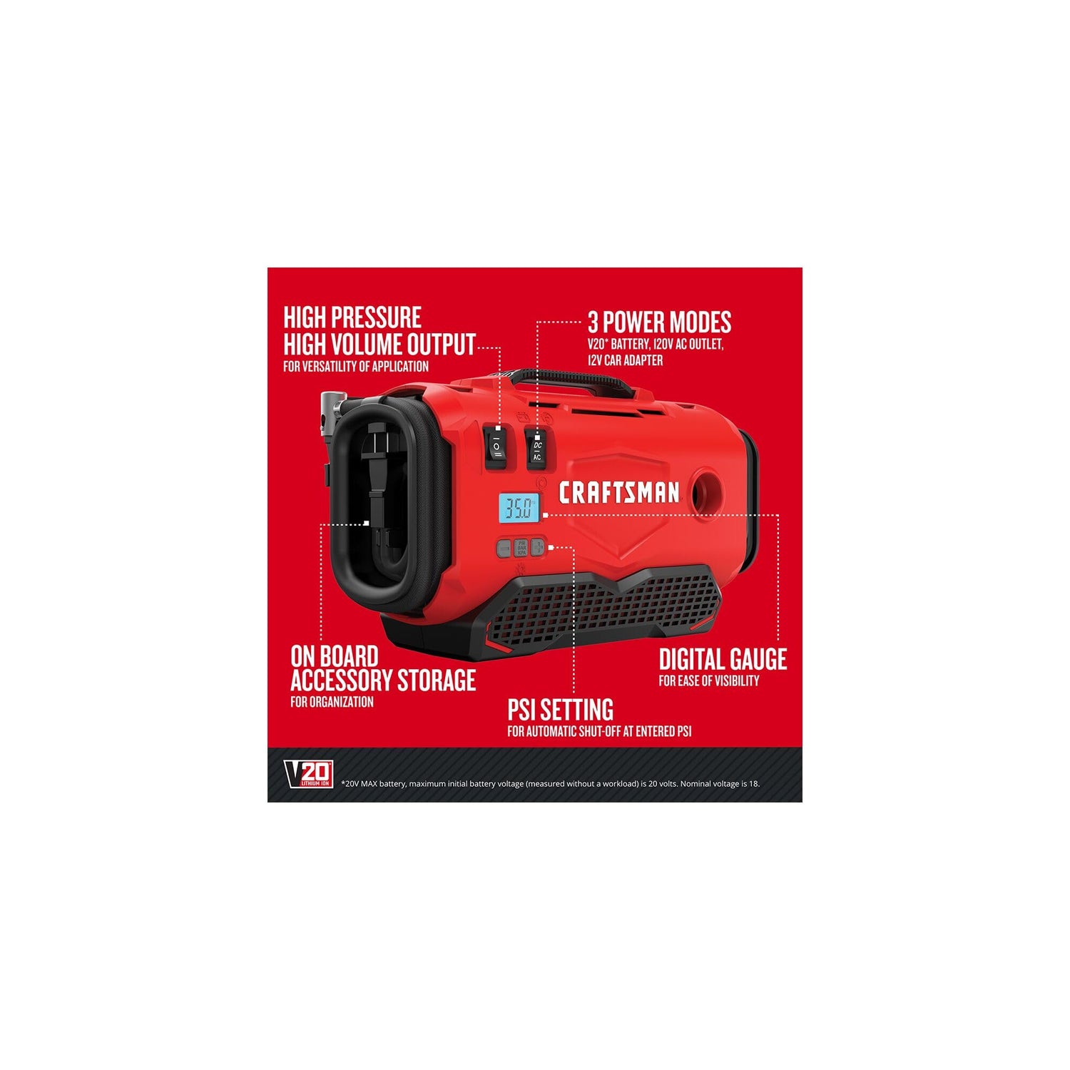 CRAFTSMAN V20 Tire Inflator, Compact and Portable, Automatic Shut Off, Digital PSI Gauge, Bare Tool Only (CMCE520B) Craftsman